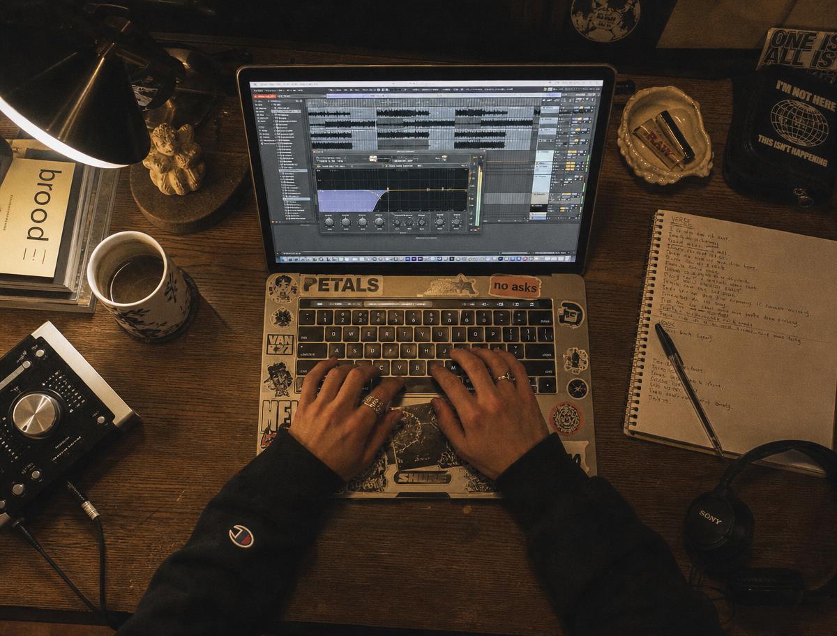 Overhead of a sticker-covered laptop open to a DAW session